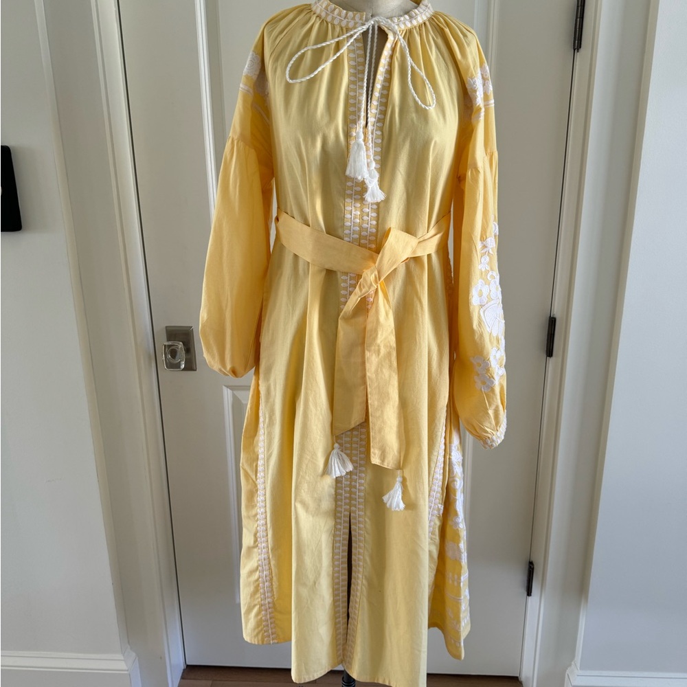 Julia Amory long sleeved embroidered caftan in large. Buttery yellow/white trim.